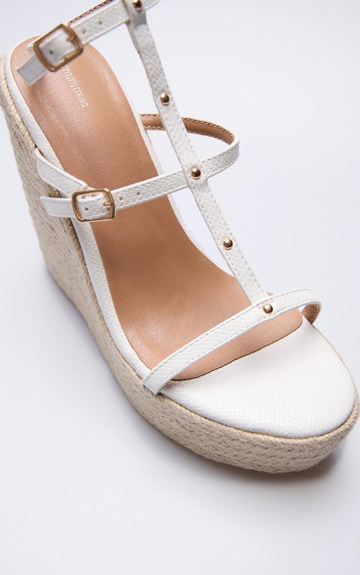 White Snake Print T Bar Stud Detail Heeled Wedges Product Image