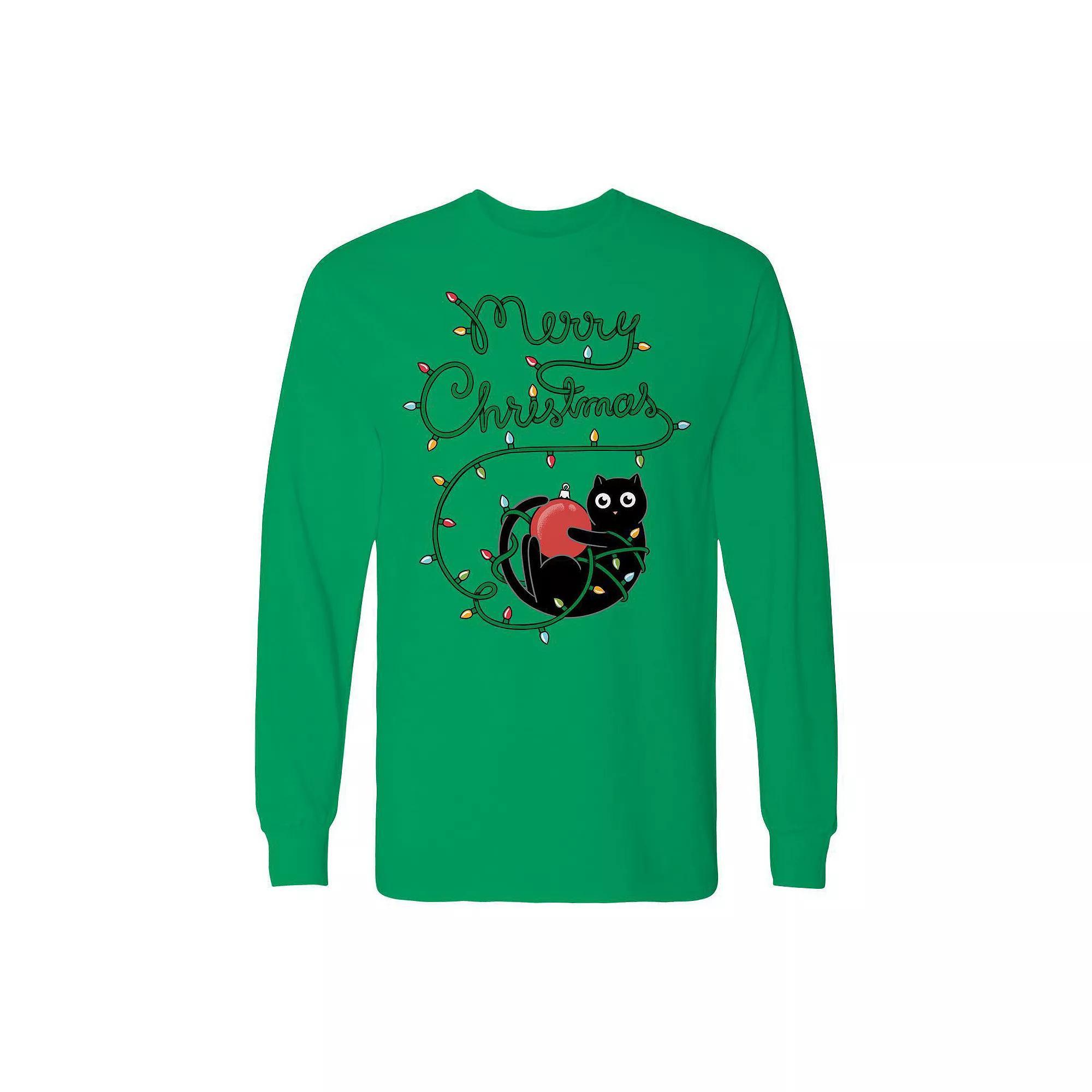 Men's Cat Merry Christmas Long Sleeve Graphic Tee, Size: XL, Irish Green Product Image