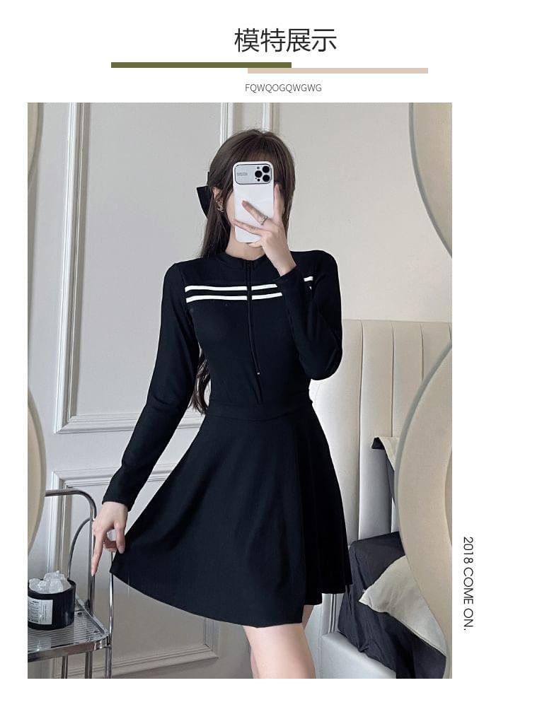 Set: Long-Sleeve Half-Zip Striped Swimsuit + Plain Swim Skirt Product Image