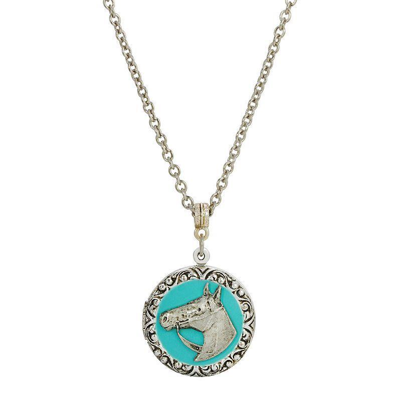 1928 Silver Tone Simulated Turquoise Enamel Horse Locket Necklace, Womens Product Image