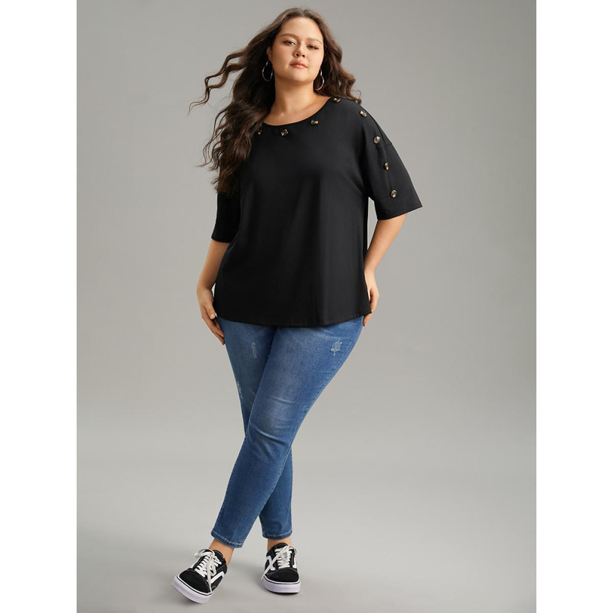 Plus Size Plain Button Detail Drop Shoulder T-shirt Black Women Casual Button Plain Round Neck Dailywear T-shirts BloomChic 22-24/3X Product Image