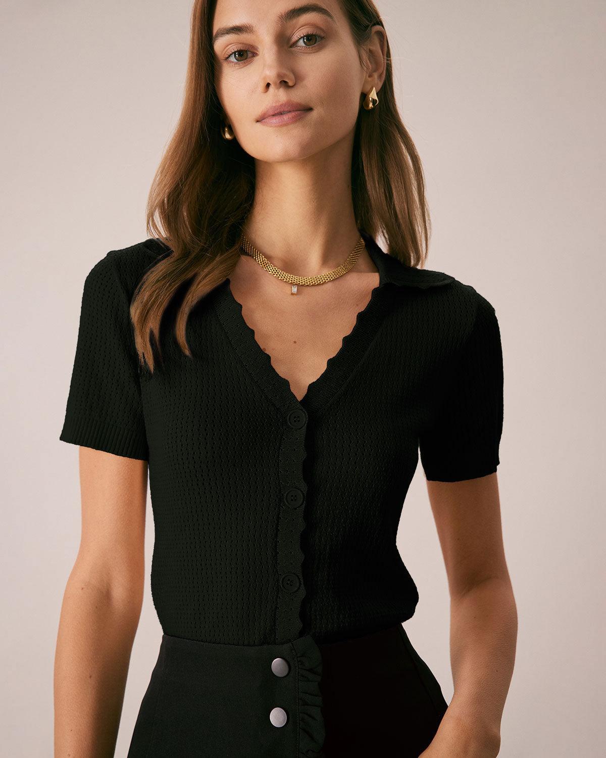 Black V Neck Button Pointelle Knit Tee Product Image