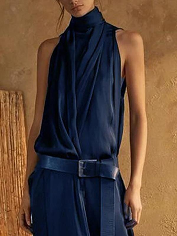 Loose Sleeveless Solid Color Split-Joint High Neck Maxi Dresses Product Image