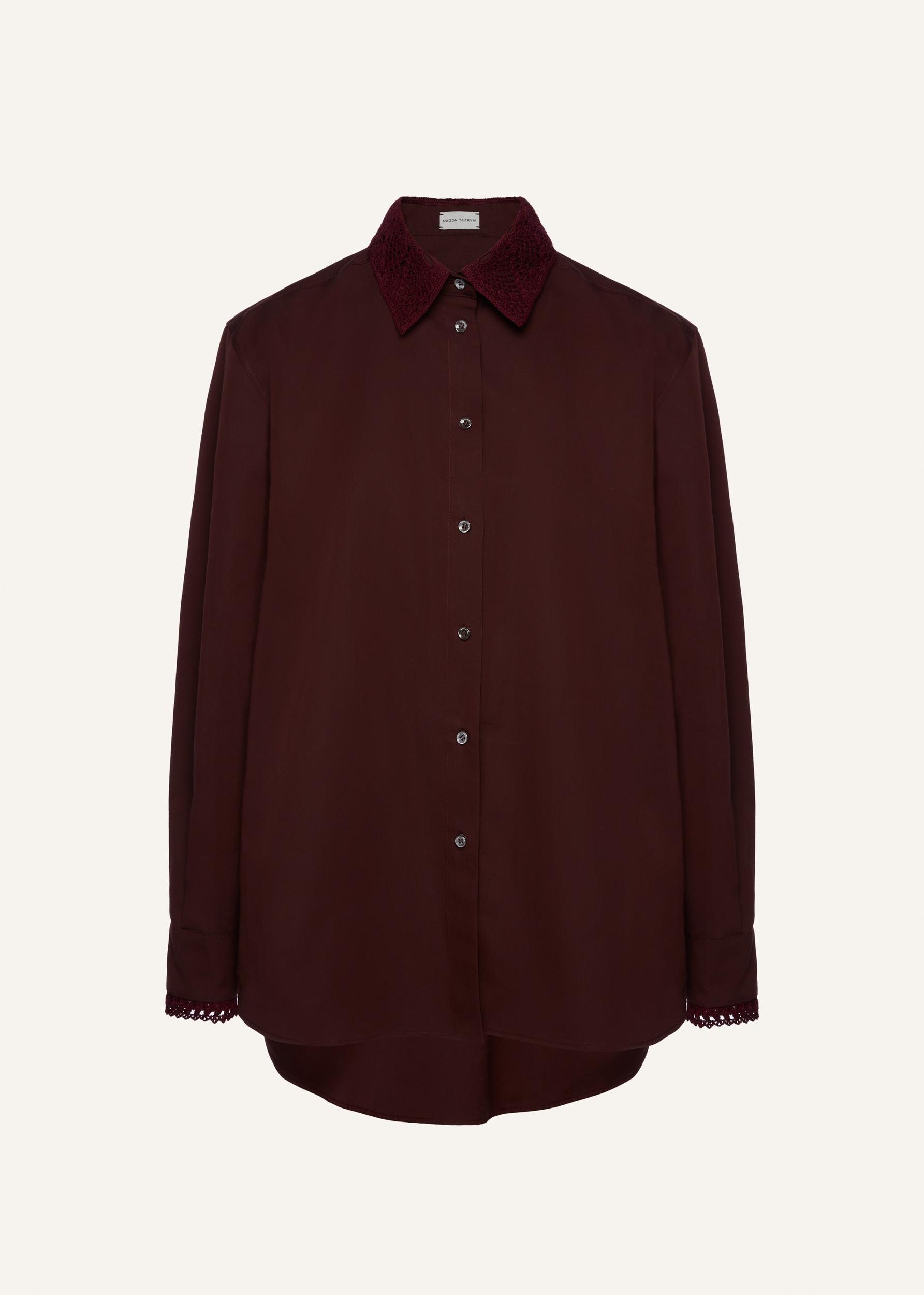 Crochet collar button-up shirt in burgundy Product Image