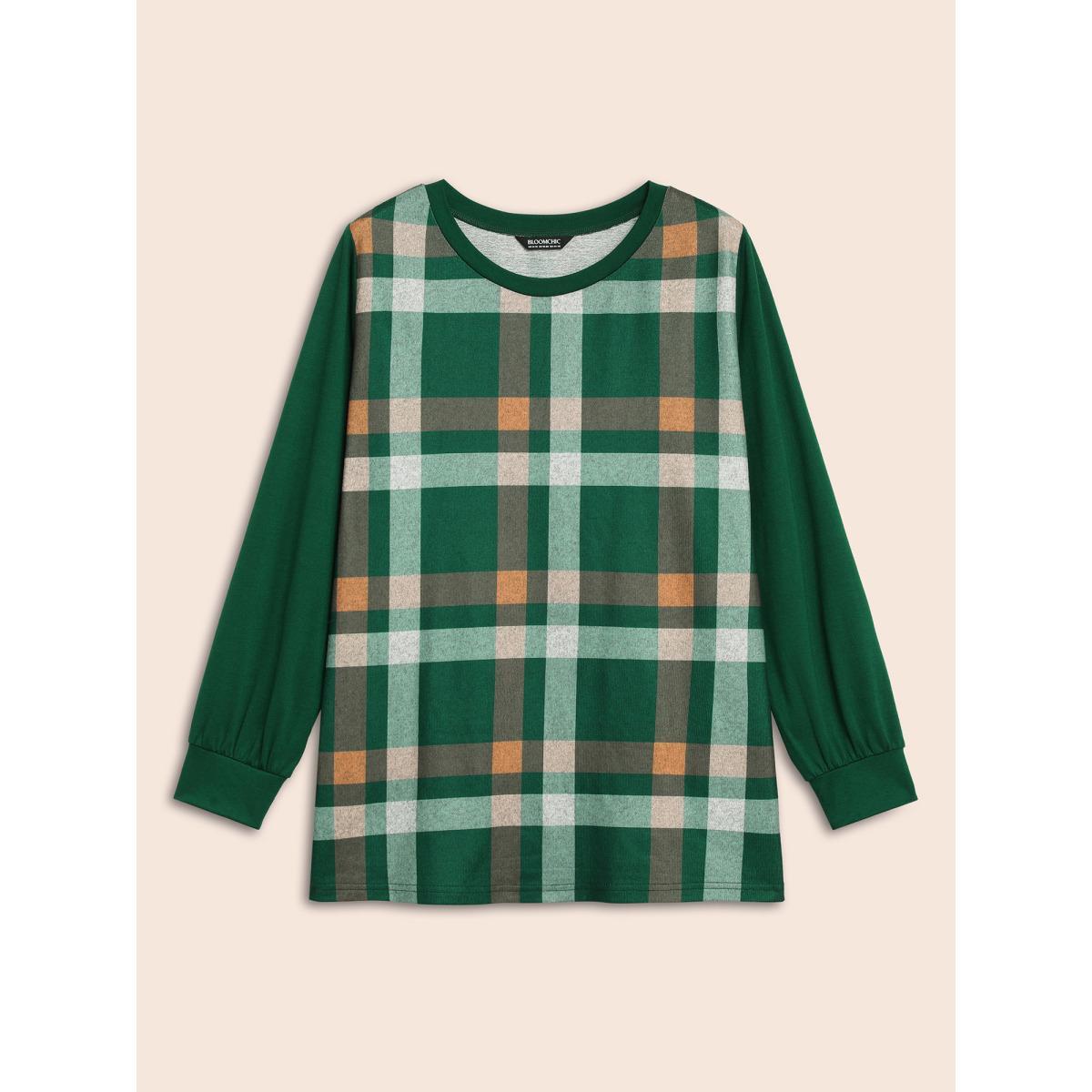 Plus Size Plaid Patchwork Solid Long-Sleeves Tee DarkGreen Women Casual Contrast Round Neck Everyday T-shirts BloomChic 10/M Product Image