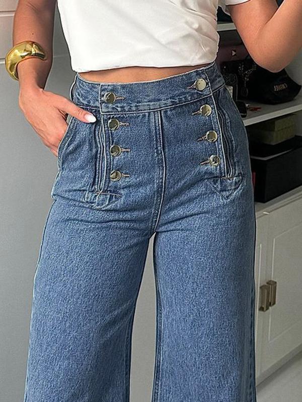 High Waisted Loose Buttoned Split-Joint Jean Pants Bottoms Product Image