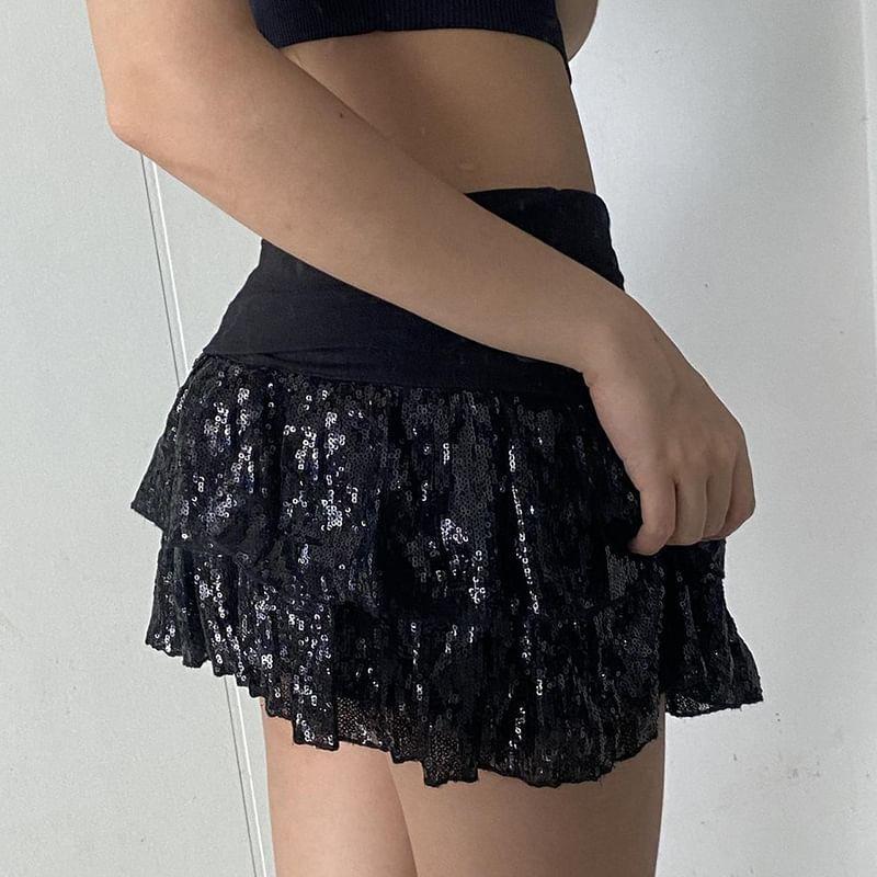 Low Rise Sequin Layered Mini A-Line Skirt Product Image