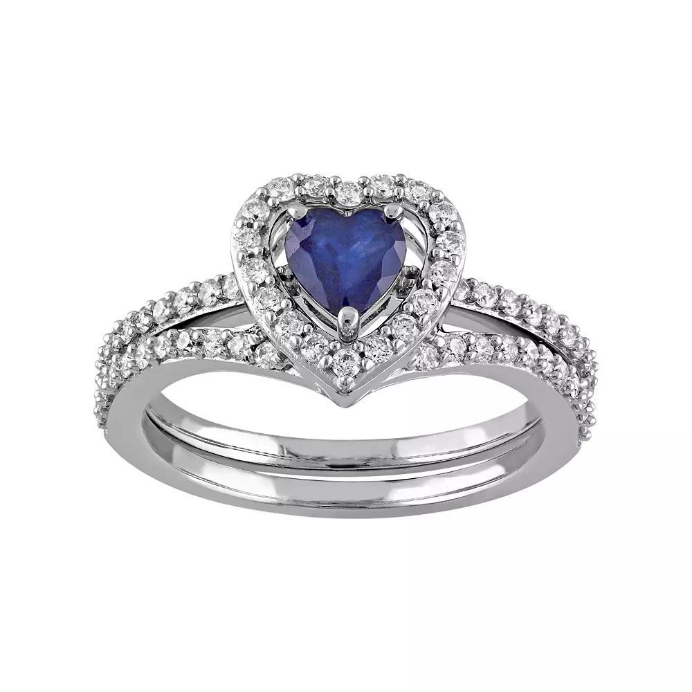 Stella Grace 10k White Gold 1/2 Carat T.W. Diamond & Sapphire Heart Engagement Ring Set, Women's, Size: 9, Blue Product Image