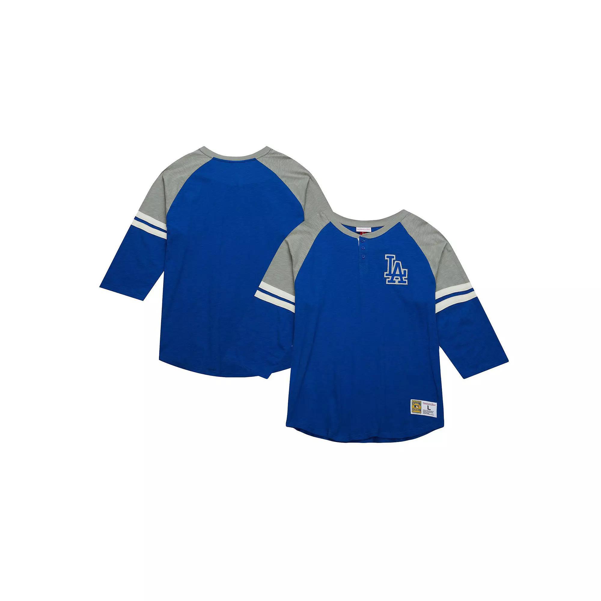 Men's Mitchell & Ness Royal Los Angeles Dodgers Cooperstown Collection Legendary Raglan Slub Henley 3/4-Sleeve T-Shirt,  Product Image