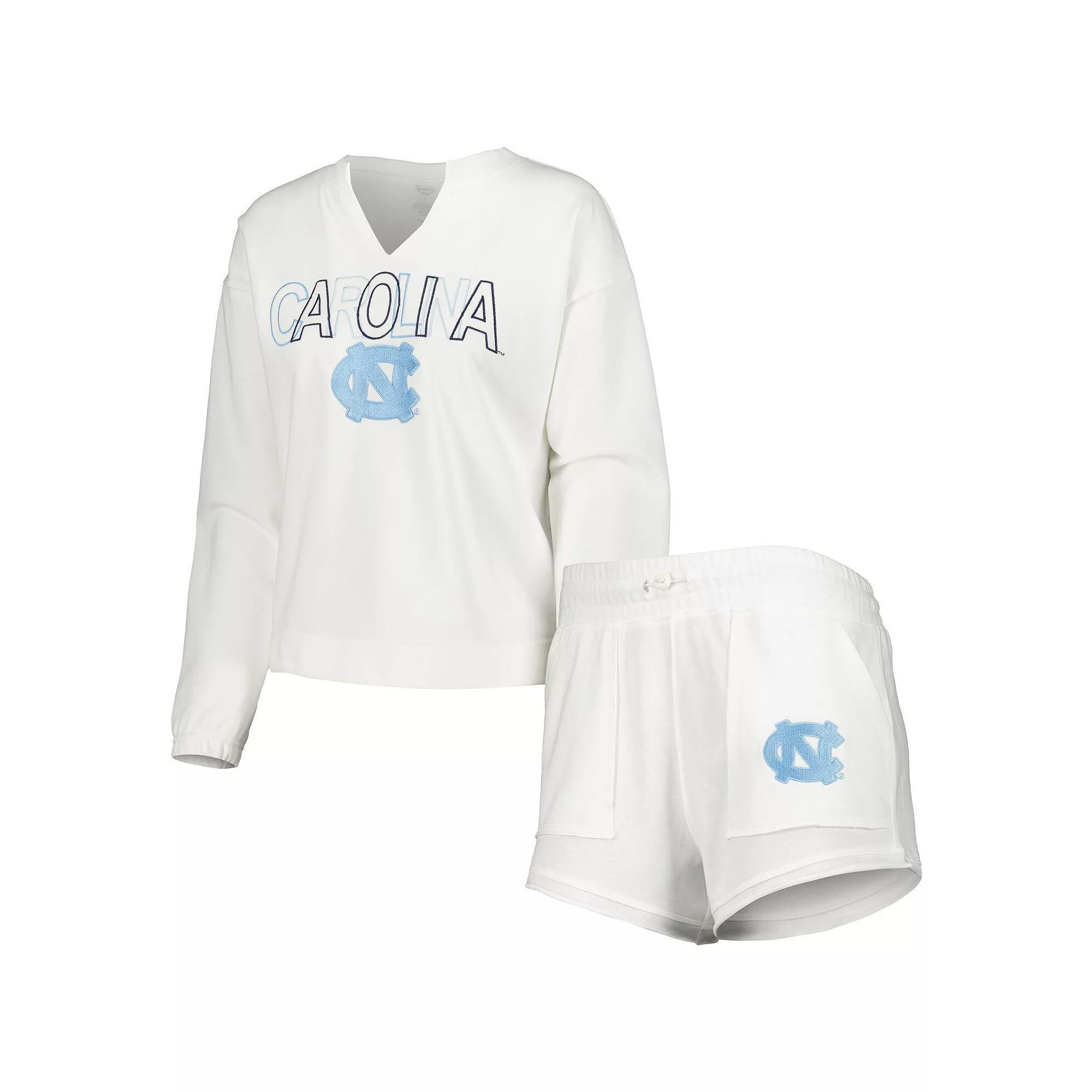 Women's Concepts Sport  White North Carolina Tar Heels Sunray Notch Neck Long Sleeve T-Shirt & Shorts Set, Size: Medium Product Image