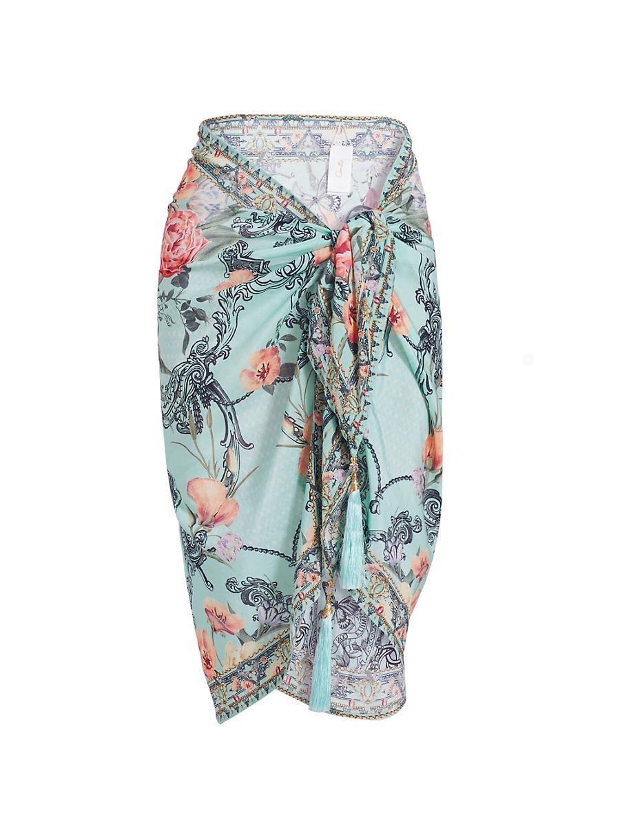 Womens Floral Cotton & Silk Tassel Sarong Product Image