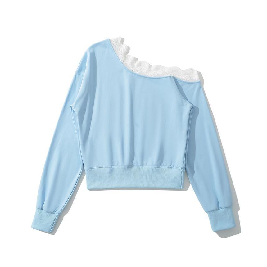 One Shoulder Plain Lace Trim Crop Pullover Product Image