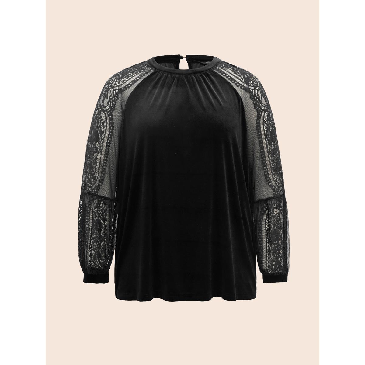 Plus Size Burgundy Lace Patchwork Velvet Raglan Sleeve Blouse Women Elegant Long Sleeve Stand-up collar Everyday Blouses BloomChic 10/M Product Image