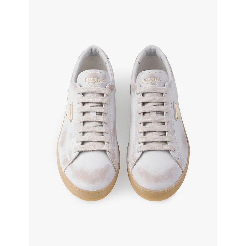 PRADA Mens White Triangle-plaque Vintage-effect Leather Low-top Trainers Product Image