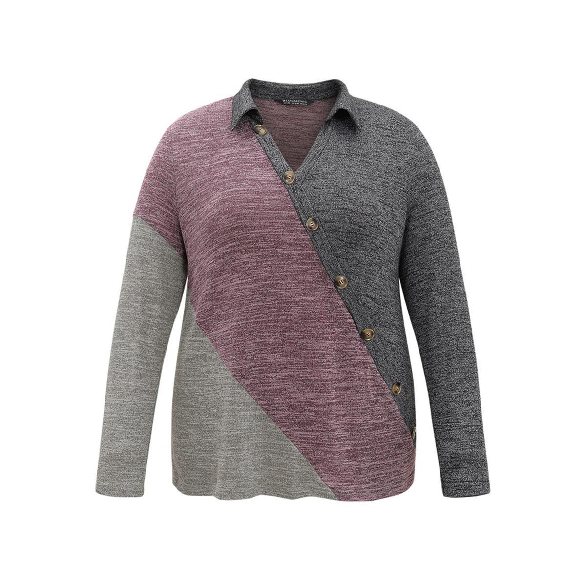 Plus Size Contrast Heather V Neck Button Detail T-shirt Multicolor Women Elegant Heather Plain V-neck Dailywear T-shirts BloomChic 22-24/3X Product Image