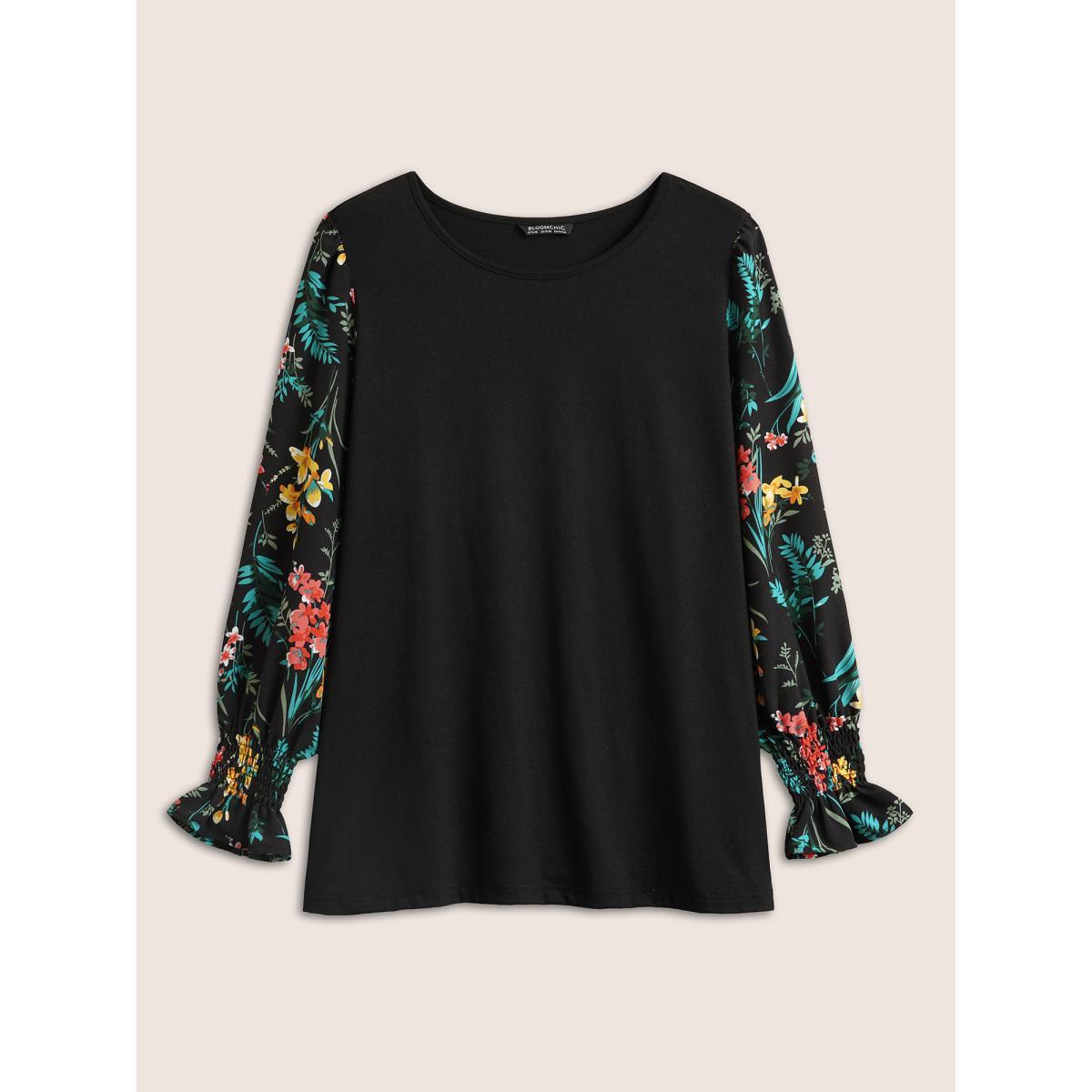 Plus Size Floral Patchwork Shirred Round Neck T-shirt Black Women Elegant Patchwork Floral Round Neck Everyday T-shirts BloomChic 26/4X Product Image