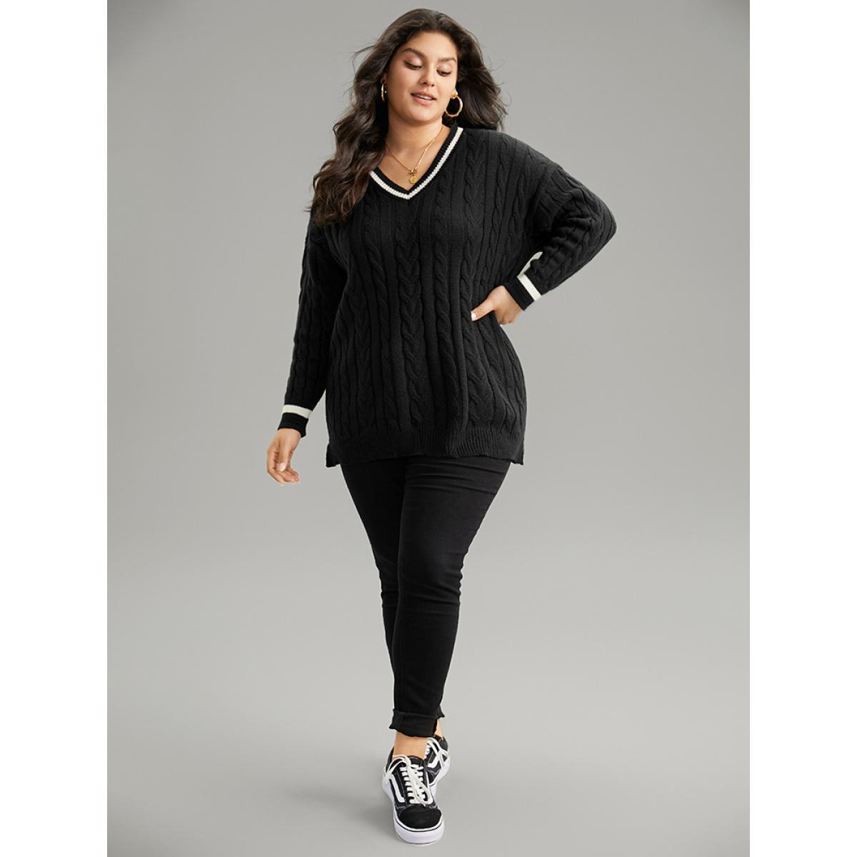 Plus Size Cable Knit Contrast Trim Drop Shoulder Pullover Black Women Casual Loose Long Sleeve V-neck Dailywear Pullovers BloomChic 22-24/3X Product Image