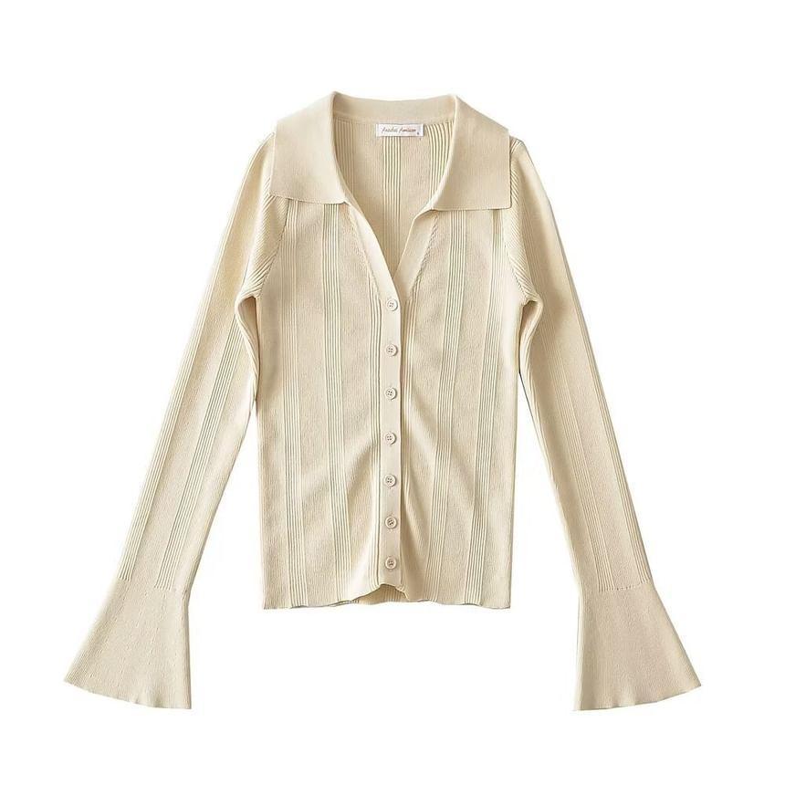 Flared-Sleeve Collar Plain Ribbed Cardigan Product Image