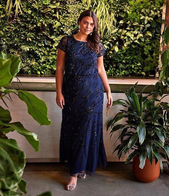 Adrianna Papell Plus Size Short Sleeve Boat Neck Beaded Blouson Gown Product Image