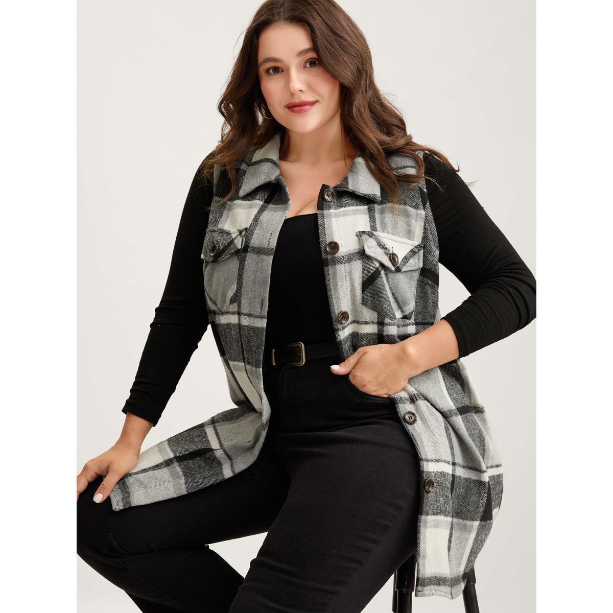 Plus Size Plaid Flap Detail Sleeveless Jacket Women Black Button Side seam pocket Casual Jackets BloomChic 30/6X Product Image