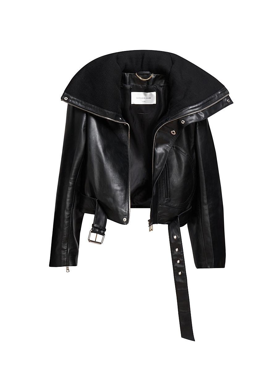 Womens Cropped Leather Biker Jacket Product Image