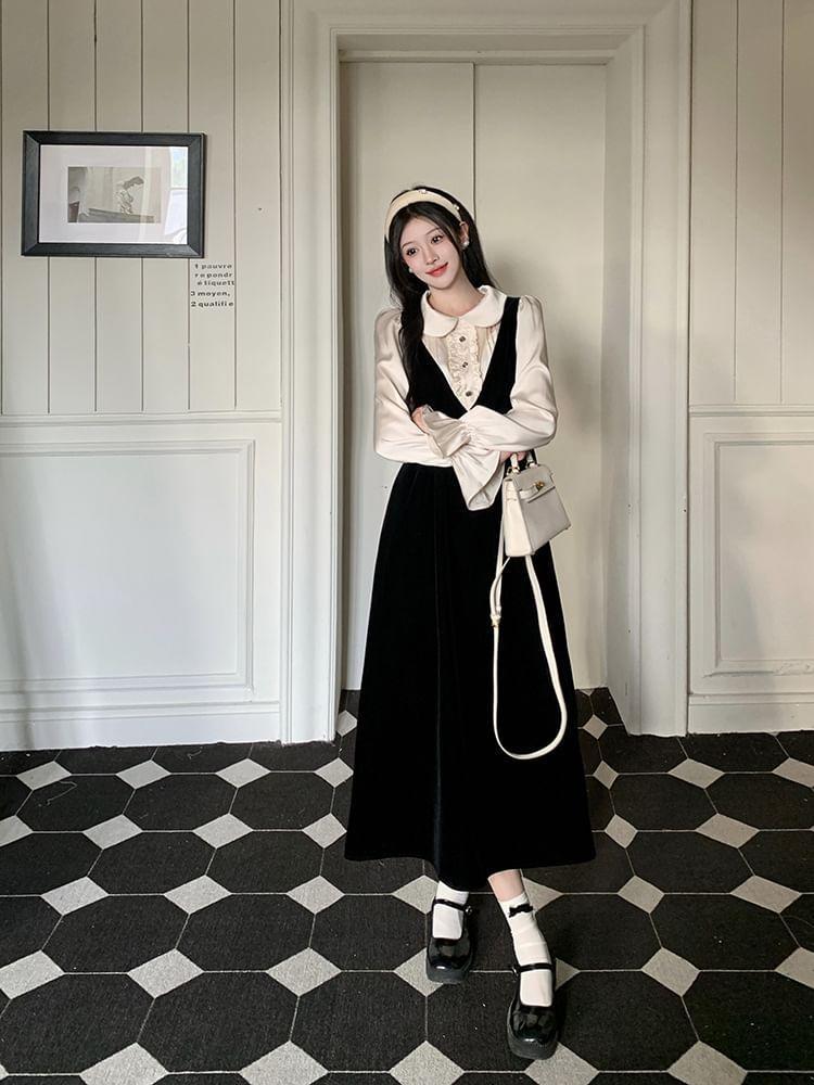 Mock Two-Piece Long-Sleeve Collar Two Tone Velvet Midi A-Line Dress Product Image