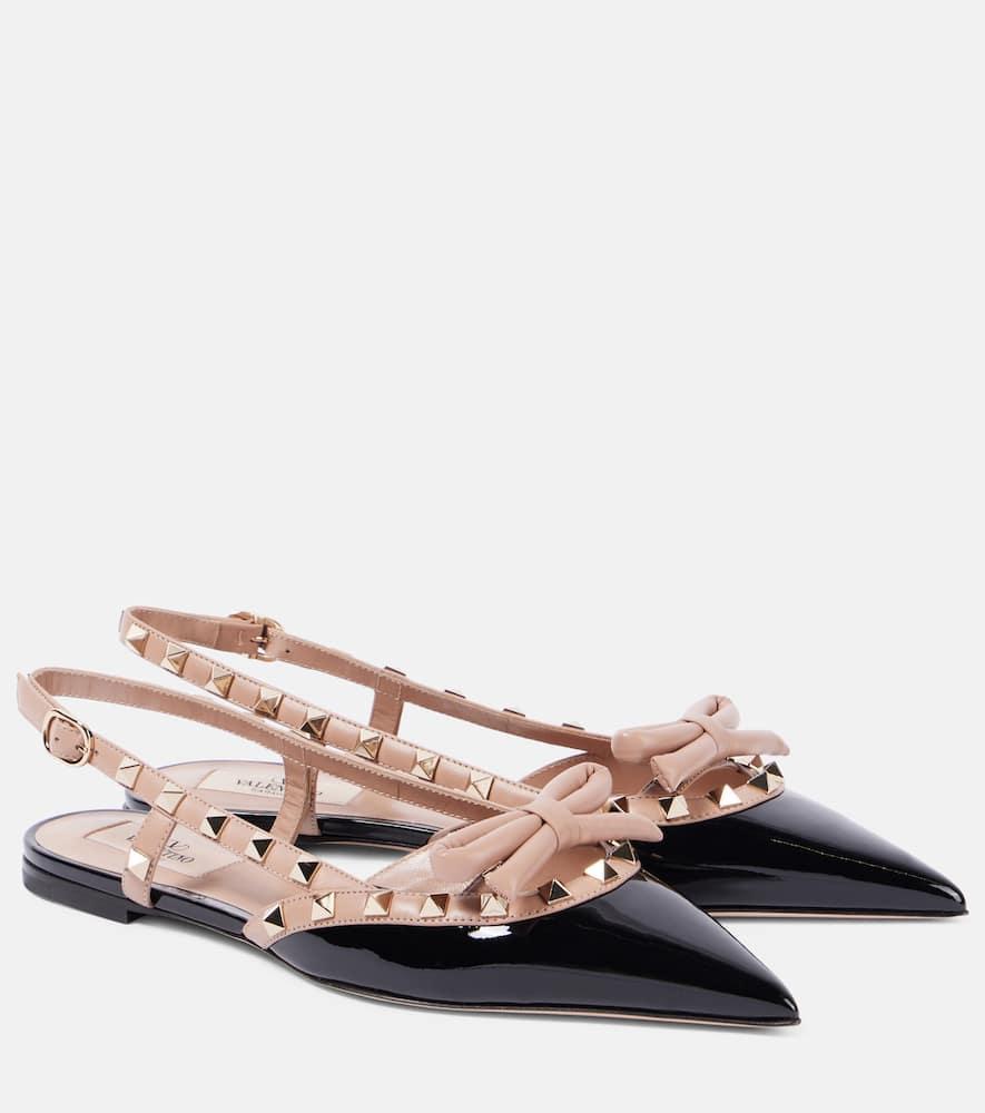 VALENTINO GARAVANI Rockstud Bow Patent Leather Slingback Flats In Black Product Image