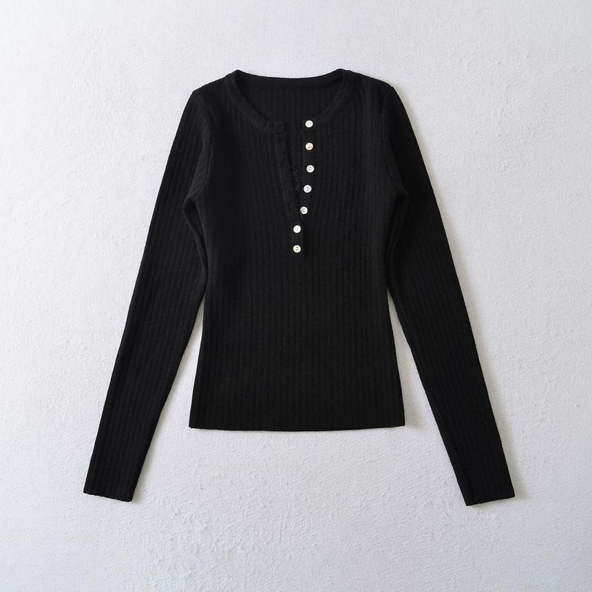 Long-Sleeve Plain Ribbed Henley Knit Top Product Image