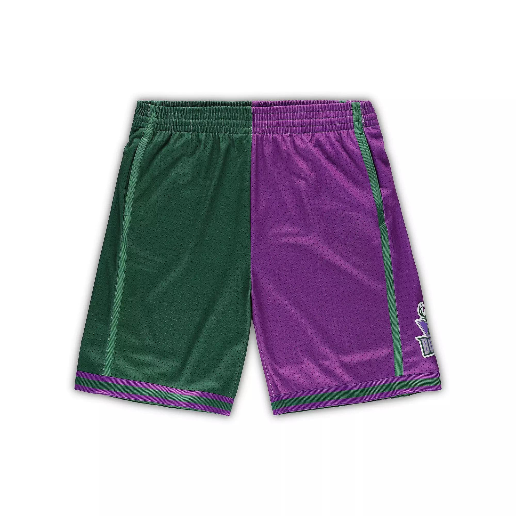 Men's Mitchell & Ness Green/Purple Milwaukee Bucks Big & Tall Hardwood Classics Split Swingman Shorts, Size: 3XB Product Image