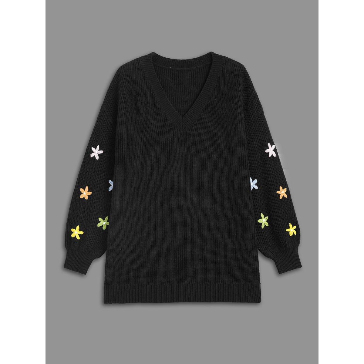 Plus Size V Neck Crochet Floral Drop Shoulder Pullover Black Women Casual Loose Long Sleeve V-neck Everyday Pullovers BloomChic 10/M Product Image