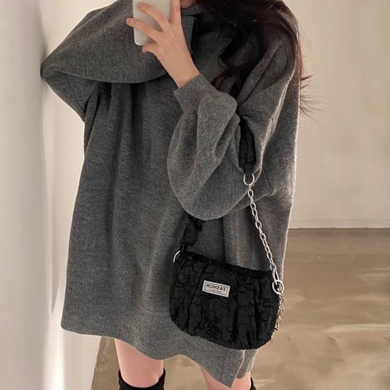 Puff-Sleeve Turtleneck Plain Side-Slit Oversized Sweater Product Image