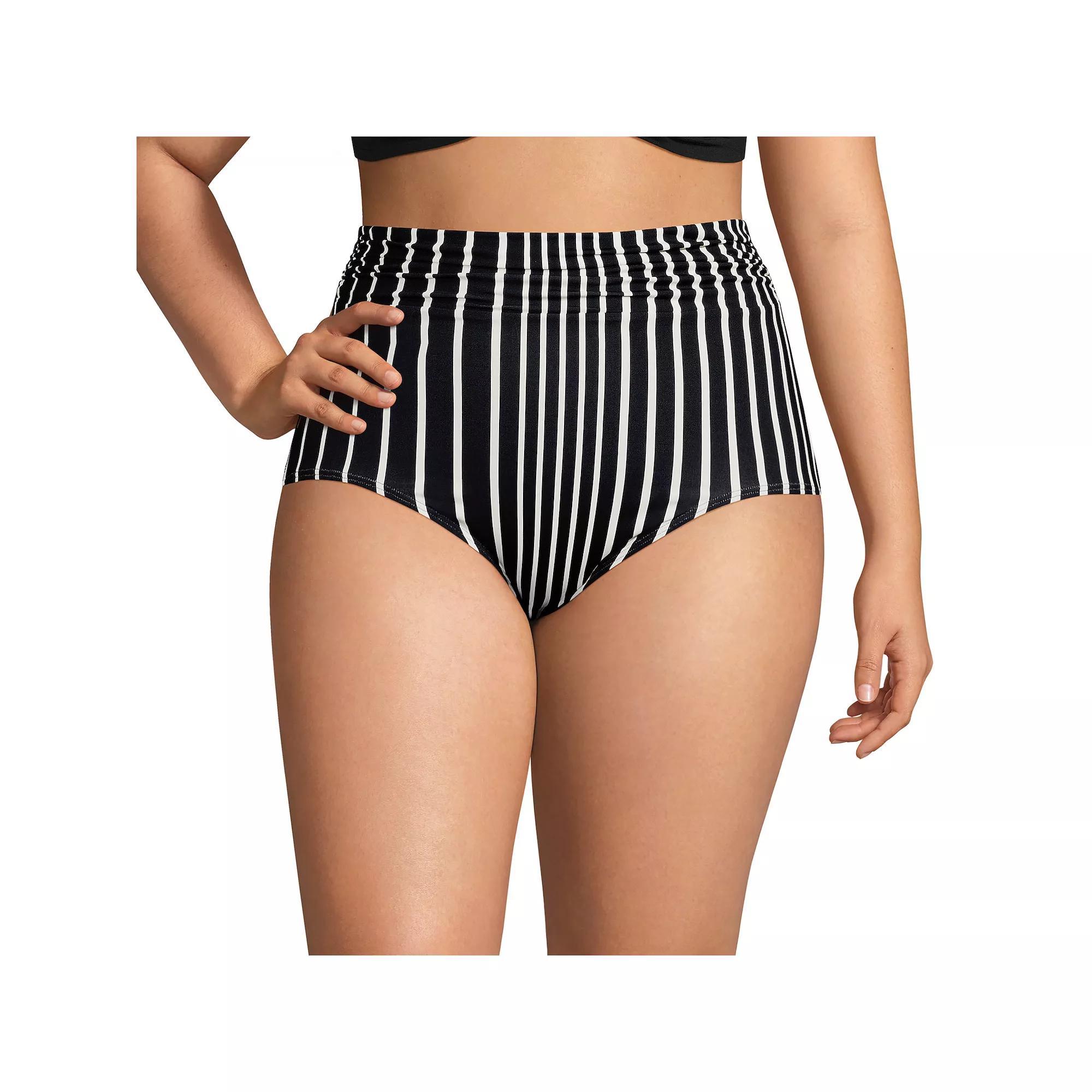 Plus Size Lands' End Ruched High Waisted Full Coverage Bikini Bottoms, Women's, Size: 18 W, Black Egret Stripe Product Image
