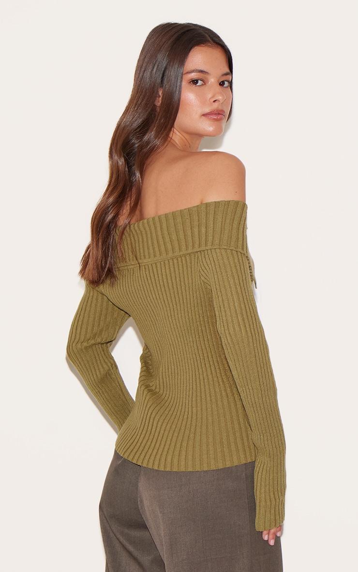 Olive Rib Knit Fold Over Button Up Top Product Image