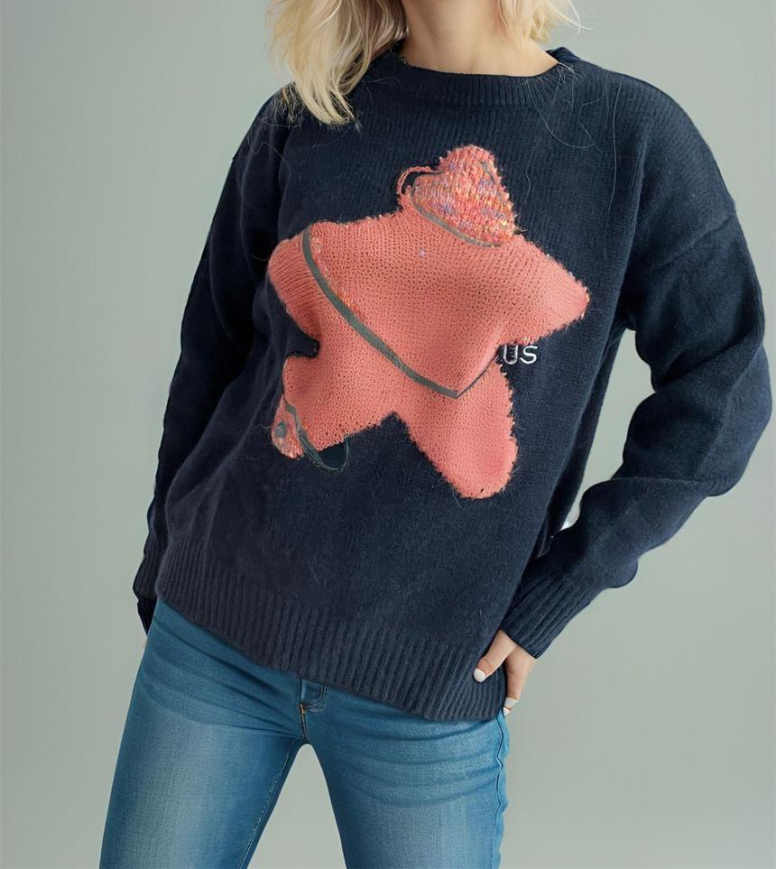 Crew Neck Star Jacquard Embroidered Sweater Product Image