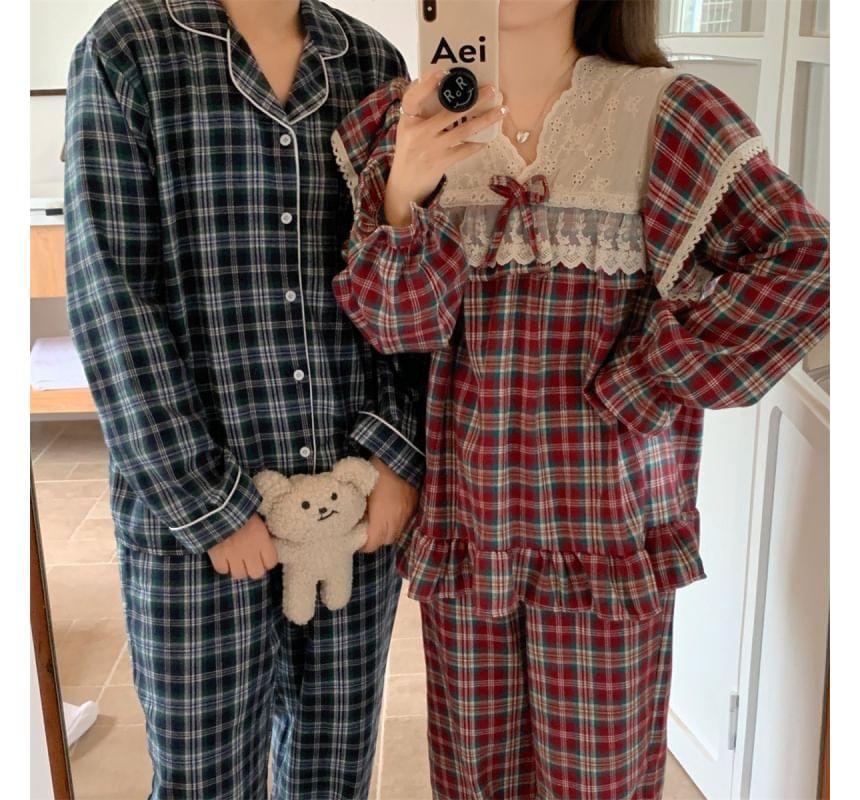 Couple Matching Plaid Pajama Shirt / Pants / Long-Sleeve Lace Trim Pajama Top / Set Product Image