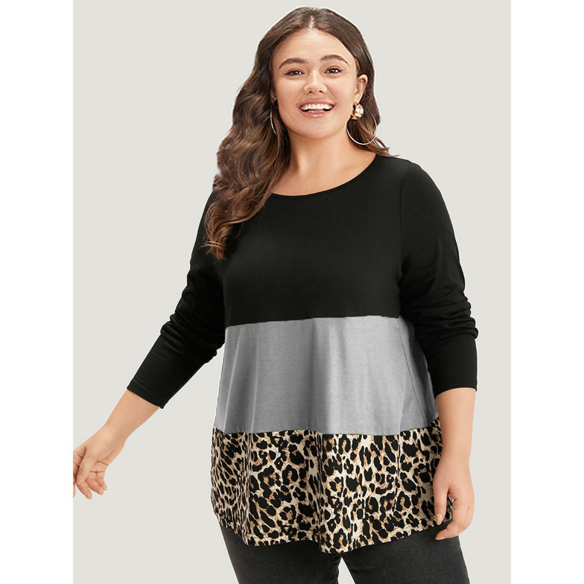 Plus Size Colorblock Leopard Contrast Round Neck T-shirt Gray Women Casual Contrast Leopard Round Neck Everyday T-shirts BloomChic 12/L Product Image