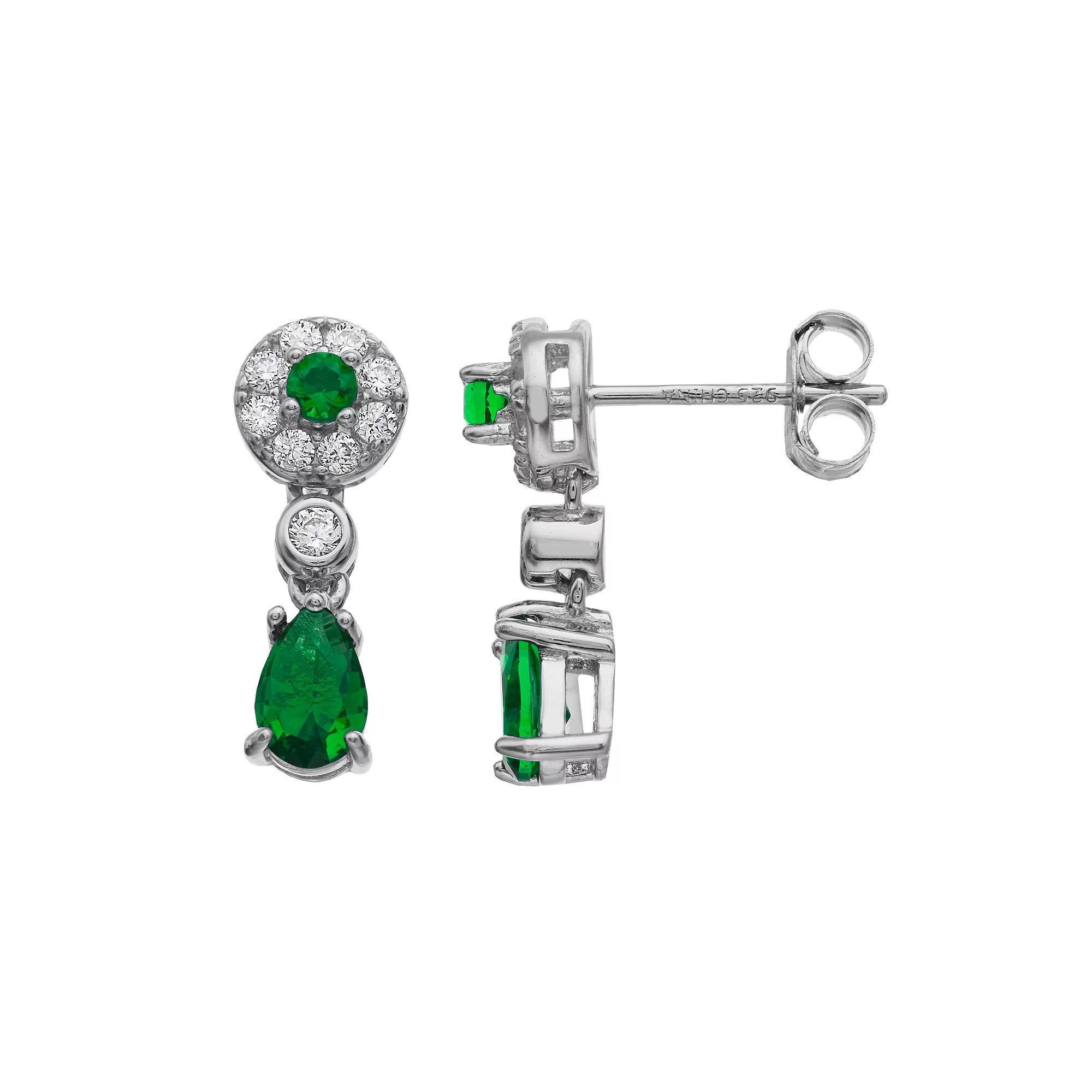 Sterling Silver Cubic Zirconia Drop Earrings, Women's, Green Product Image