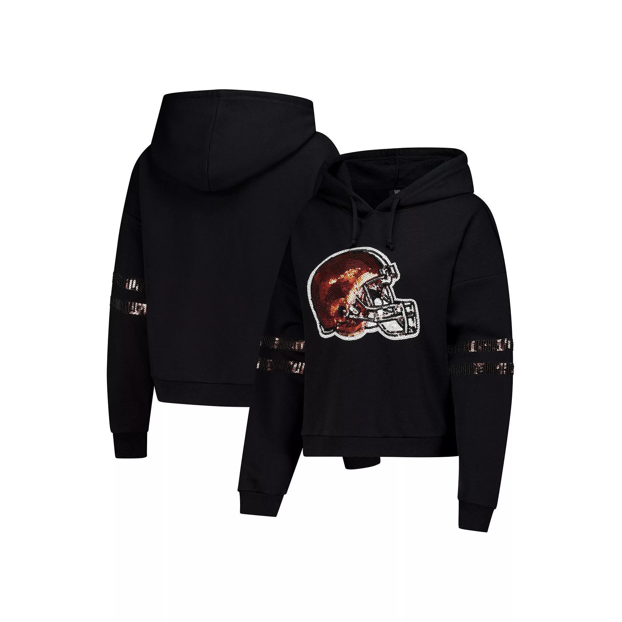 Women's Cuce Black Cleveland Browns Cropped Sequins Pullover Hoodie,  Product Image