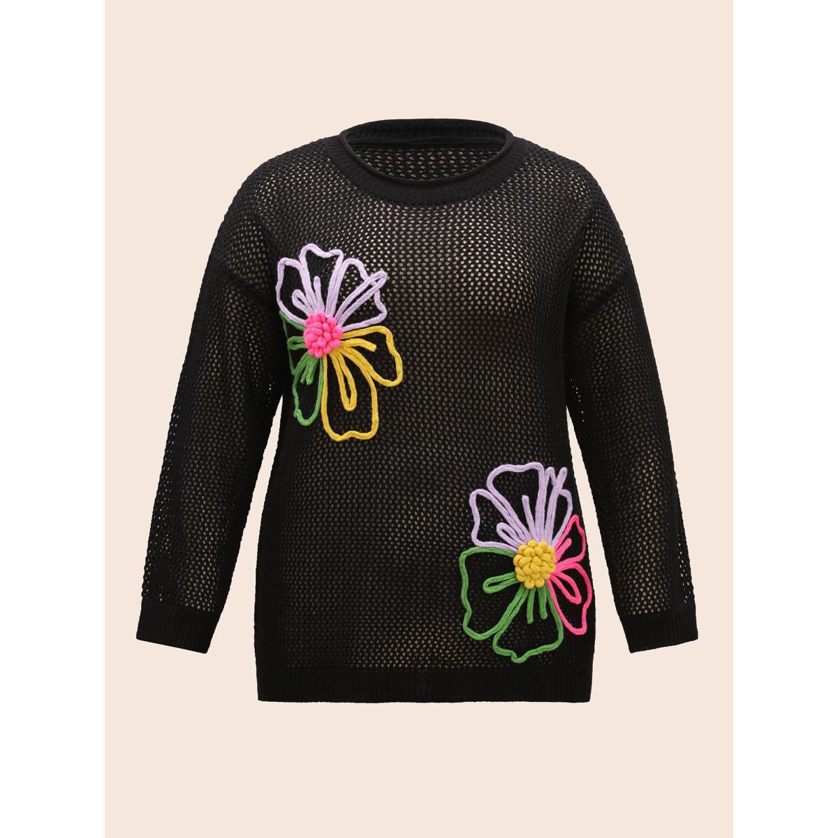 Plus Size Crochet Floral Contrast Texture Pullover Black Women Casual Long Sleeve Round Neck Everyday Pullovers BloomChic 10/M Product Image