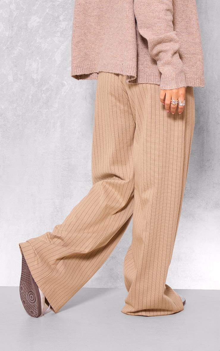 Beige Pinstripe Contrast Waistband Wide Leg Pants Product Image