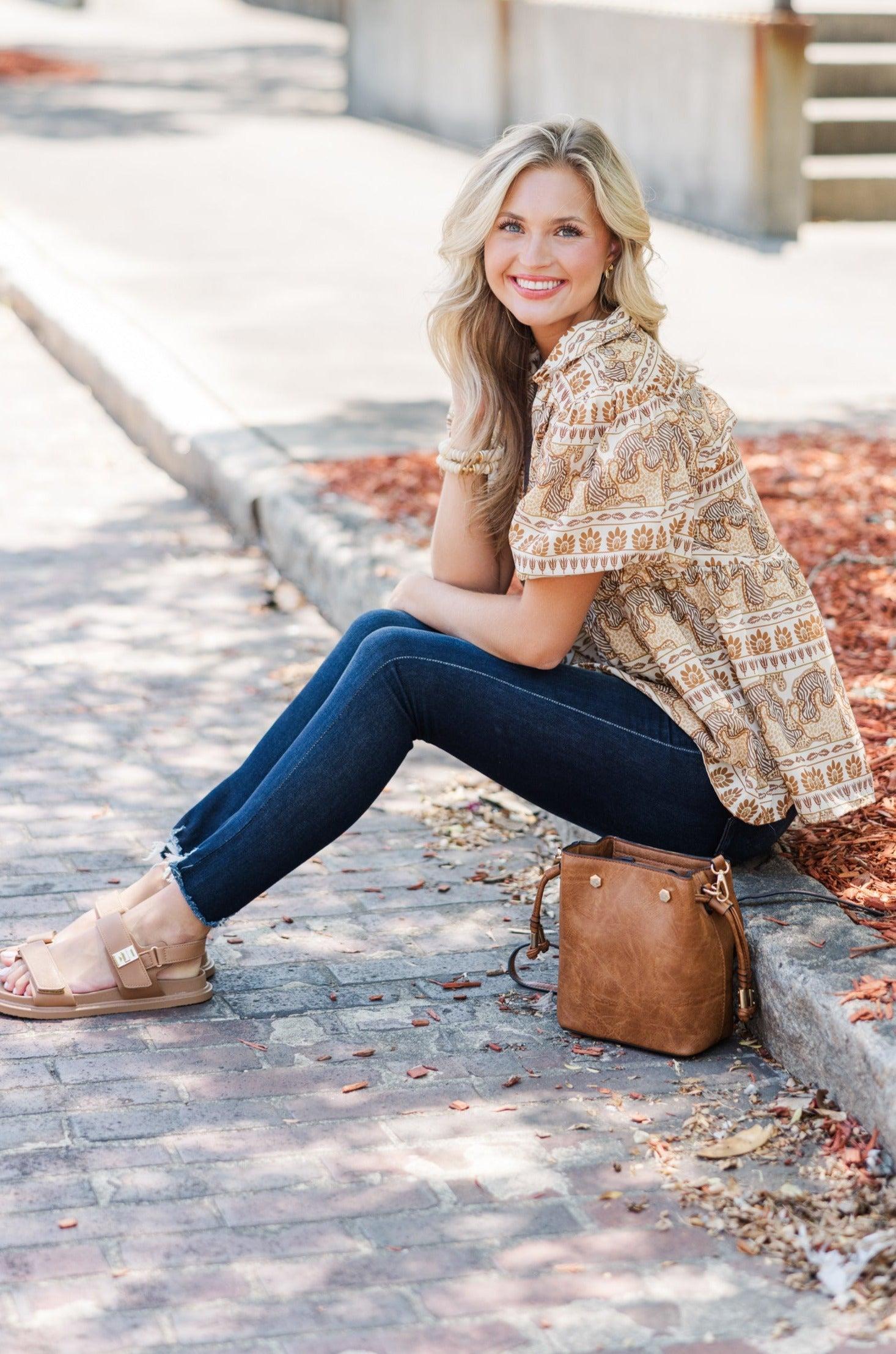 In This Place Taupe Brown Printed Blouse Female Product Image