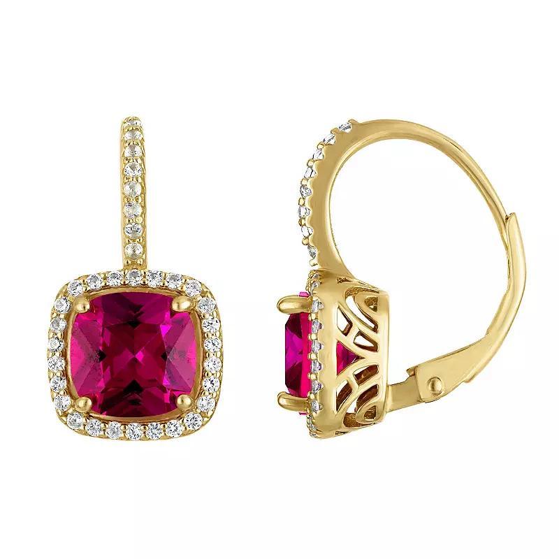 Designs by Gioelli 14k Gold Over Silver Gemstone Drop Earrings with Lab-Created White Sapphire Halo & Diamond Accents, Women's, Cr Red Product Image