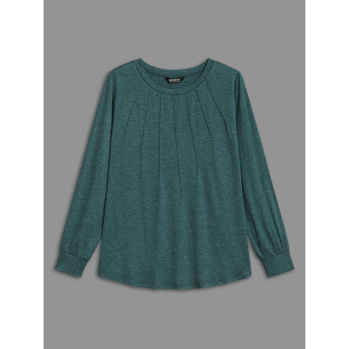 Plus Size Solid Heather Round Neck Pleated T-shirt DarkGreen Women Casual Pleated Round Neck Everyday T-shirts BloomChic 28/5X Product Image