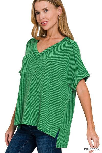 Corded V Neck Top- Grey Product Image