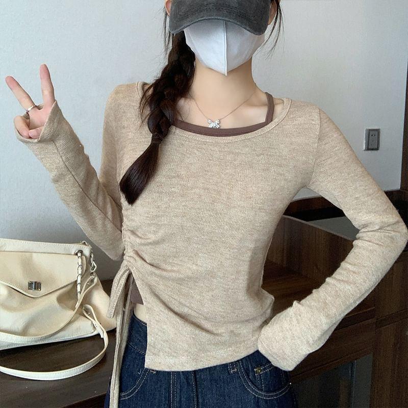 Long-Sleeve Round Neck Plain Drawstring Asymmetrical T-Shirt Product Image