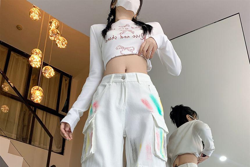 High Waist Paint Printed Wide Leg Cargo Pants Product Image