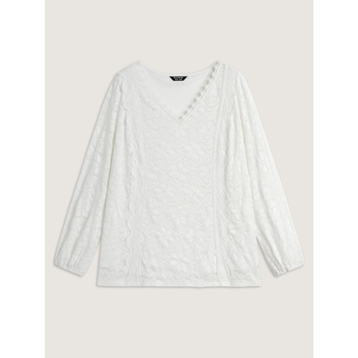 Plus Size WhiteSmoke Stretchy Floral Lace V-Neck Blouse Women Extra Long Sleeve V-neck Elegant Blouses BloomChic 22-24/3X Product Image