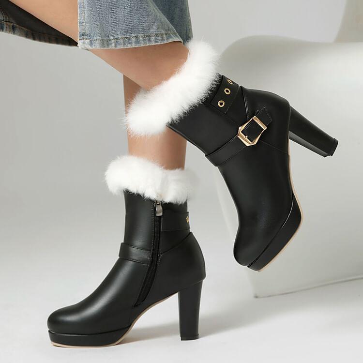 Chunky Heel Buckled Zip-Up Faux Leather Short Boots Product Image