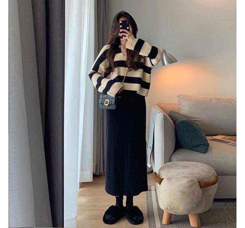 Maternity Collar Striped Oversized Sweater / Sleeveless Scoop Neck Plain Knit Midi A-Line Dress Product Image