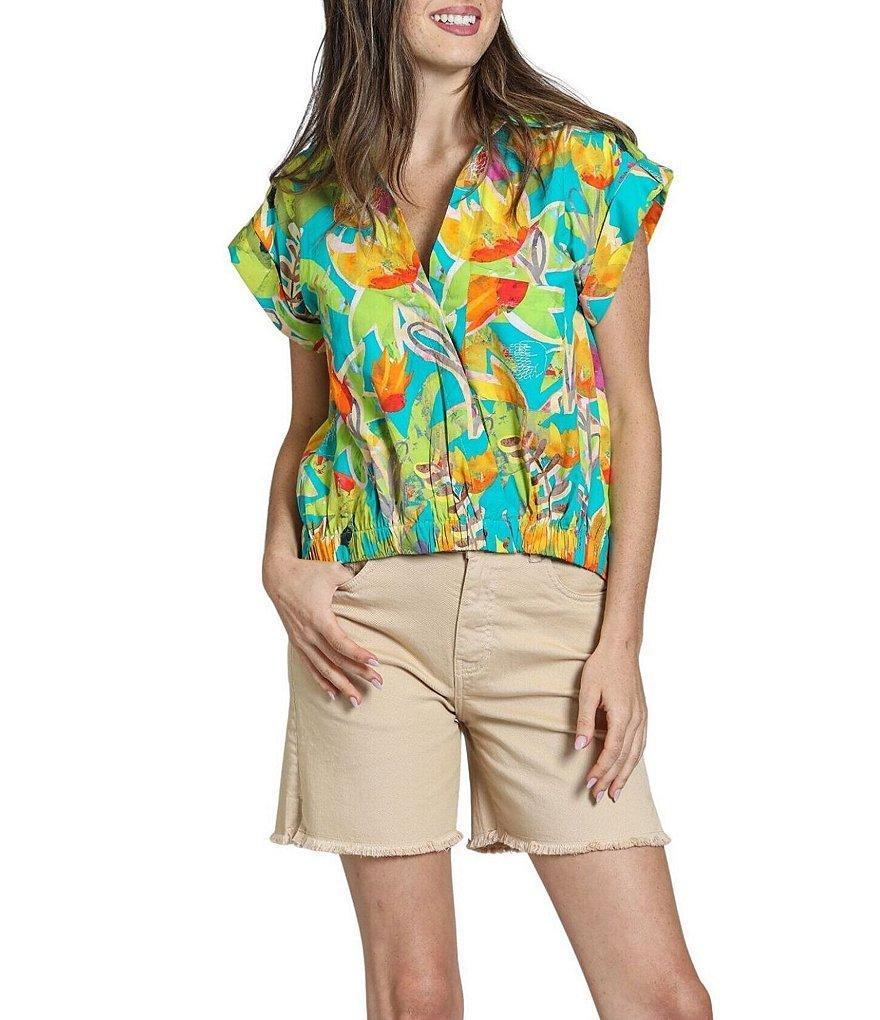 APNY Woven Printed Split V-Neck Short Sleeve Blouse Product Image